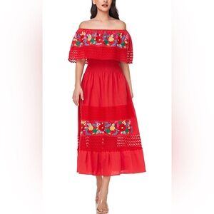 Red Embroidered Mexican Lace Off-Shoulder Long Dress